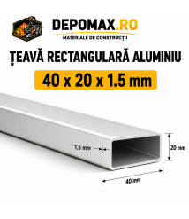 Teava rectangulara aluminiu 40 x 20 x 1.5 mm, 6 metri (EN AW-6060)